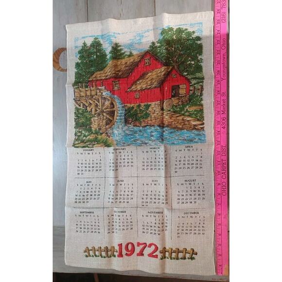 VTG 1972 Linen Hanging Calendar Kitchen Tea Towel Red Barn Old Mill Water Wheel - Picture 6 of 7